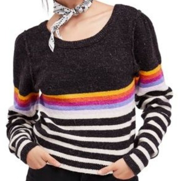 Free People Complete Me Alpaca Mohair Retrop Stripe Sweater XS Black Ivory‎ - Picture 8 of 9